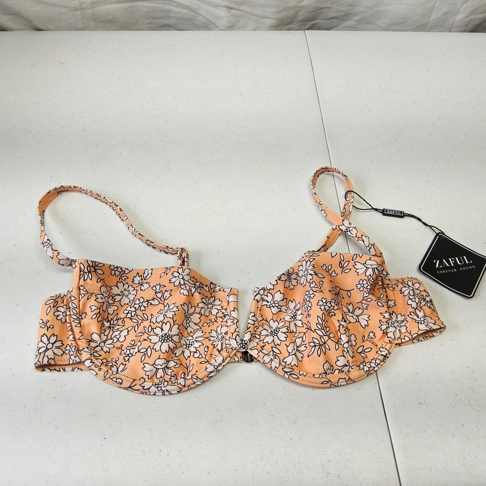 Zaful Bikini Top Women US 6 Peach Orange Floral Underwire Adjustable Straps NWT
